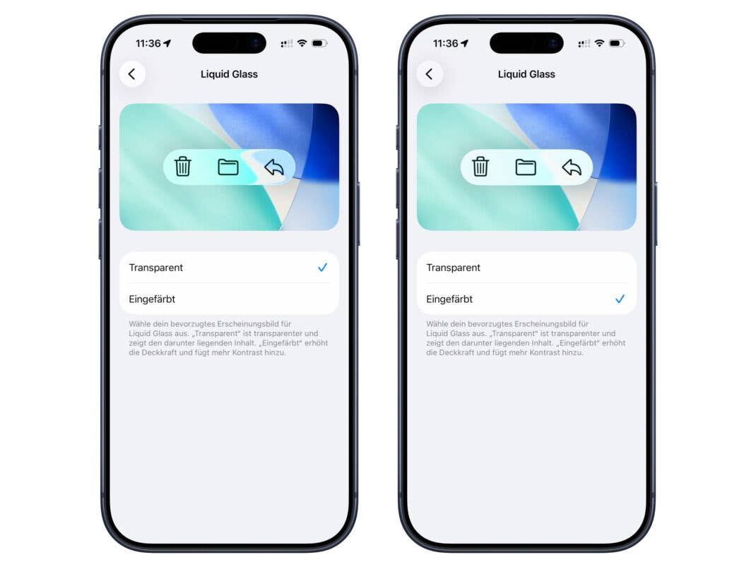In iOS 26.1 kannst du Wählen wie transparent das neue Design sein soll