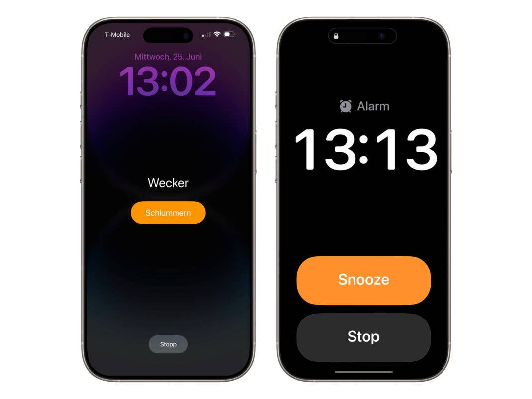 Der Wecker in iOS 18 (links) und der zweiten Beta von iOS 26 (rechts)