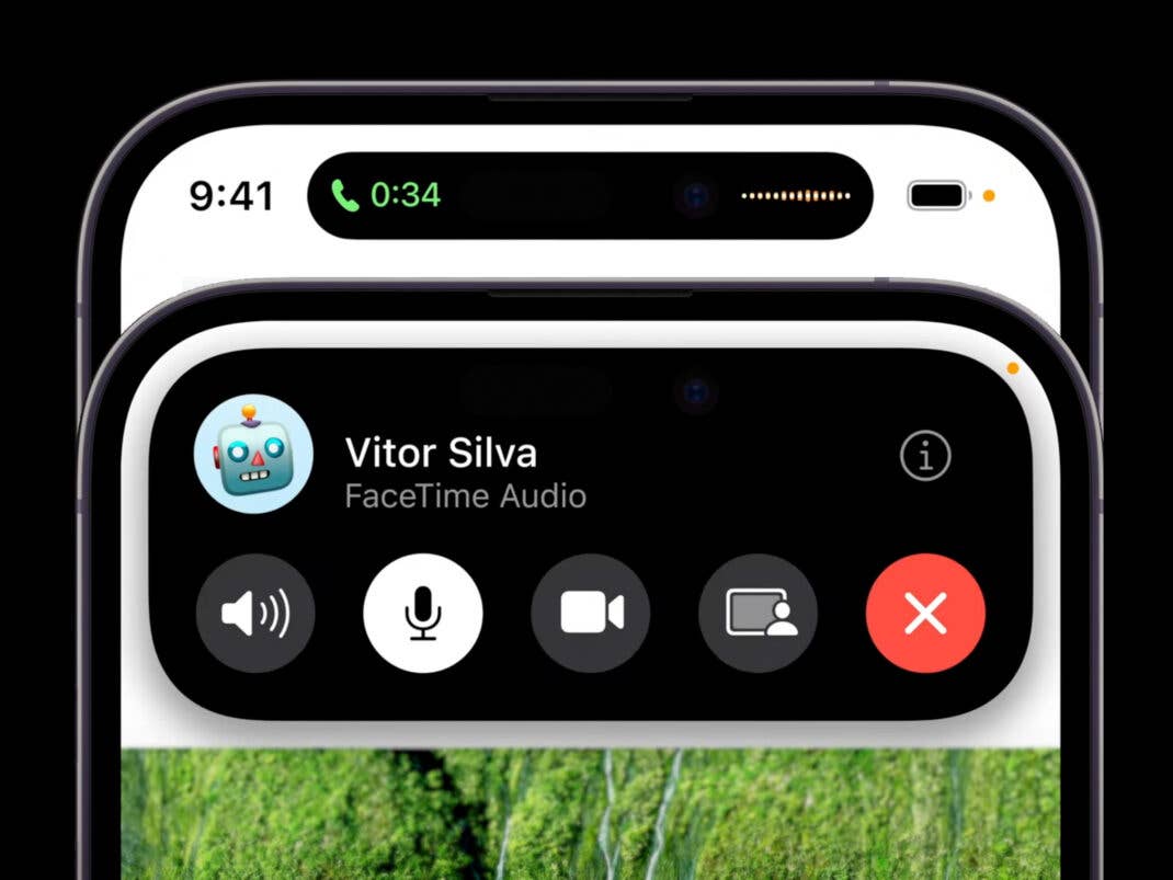 Screenshots vom iPhone 14 Pro mit einem Telefonanruf in der Dynamic Island