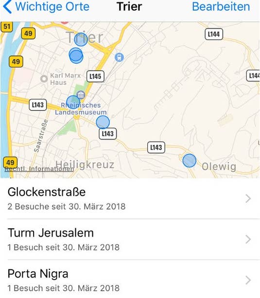 Apple, iPhone, 7, Karten, Standort, Ortung, Ortungsdienste, Trier, besuchte Orte, Screenshot Apple, iPhone, 7, Karten, Standort, Ortung, Ortungsdienste, Trier, besuchte Orte, Screenshot