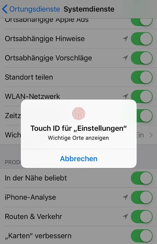 Apple, iPhone, 7, Karten, Standort, Wichtige Orte, Ortungsdienste, besuchte Orte, Screenshot, Fingerabdruck, ID