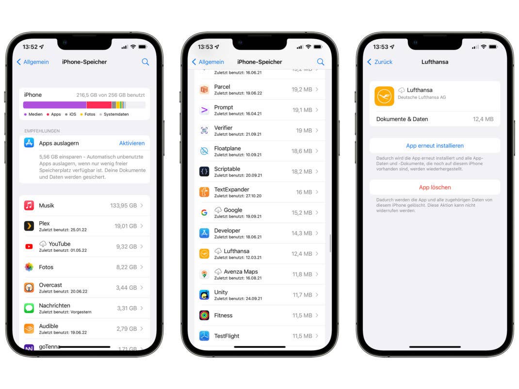 Drei Screenshots vom iPhone-Speicher in den iOS-Einstellungen