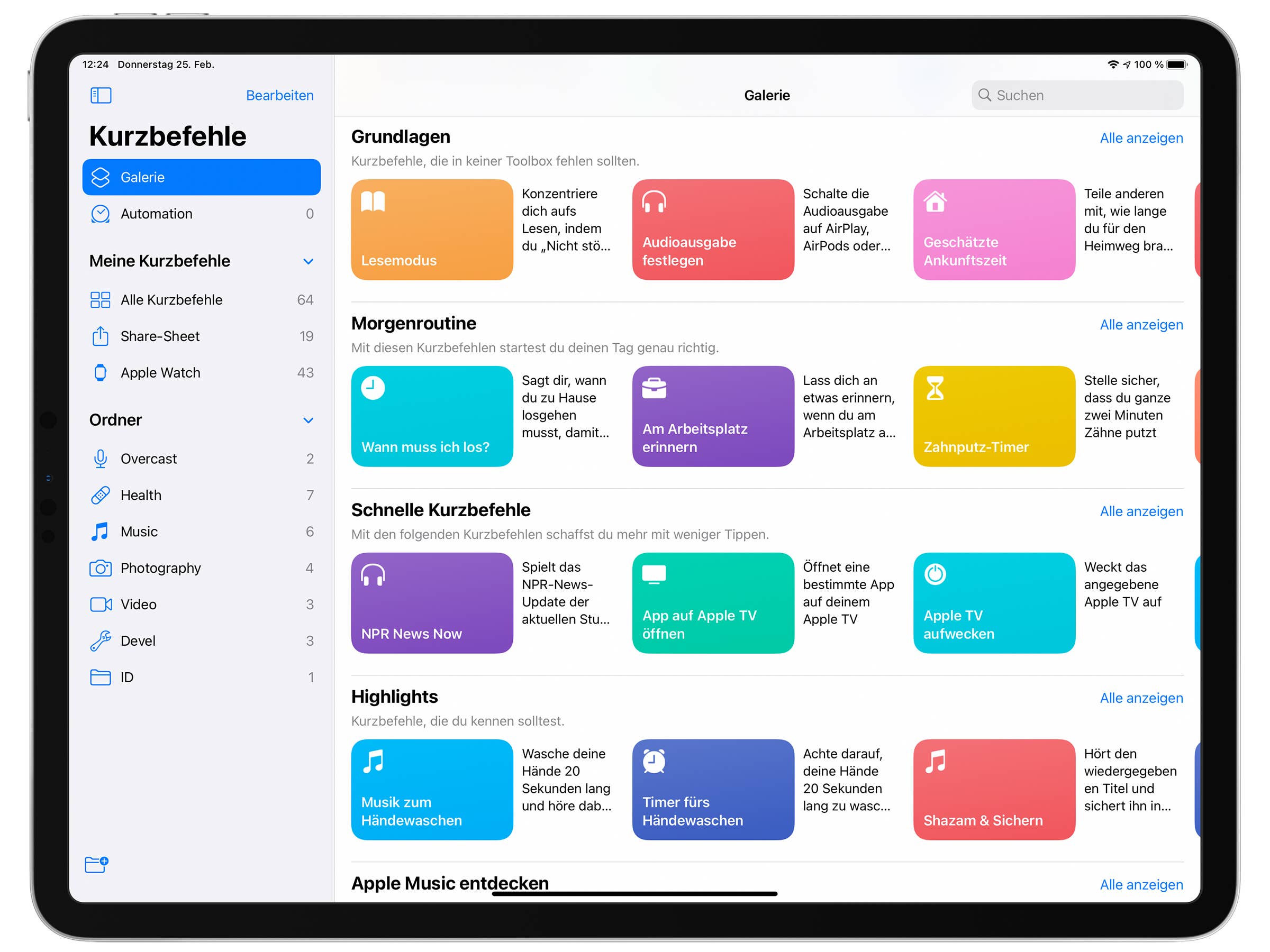 Screenshot der Kurzbefehle-Galerie auf einem iPad Pro