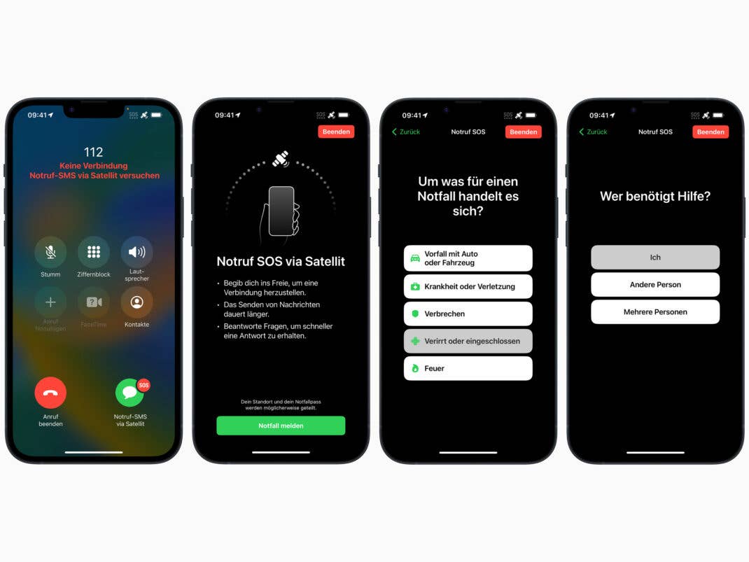 Der „Notruf SOS über Satellit“ beginnt auch im iPhone 14 mit einem regulären Anruf bei 112