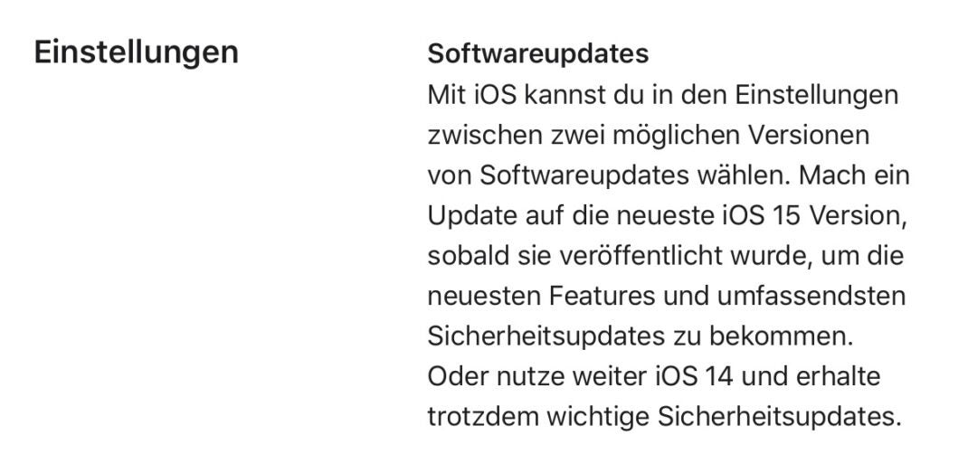 Screenshot von Apples Webseite zu den Softwareupdates in iOS 15
