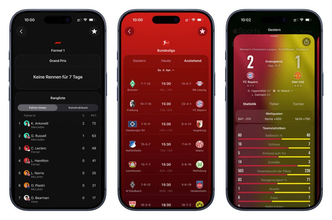 Apple Sports unterstützt neben der WM auch Formel 1, Bundesliga oder die Champions League