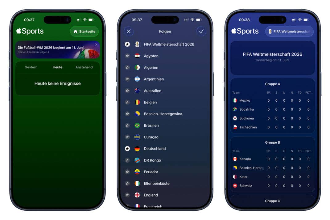 Apple Sports zeigt dir auf dem iPhone alle wichtigen Informationen zur Fußball-WM 2026 an