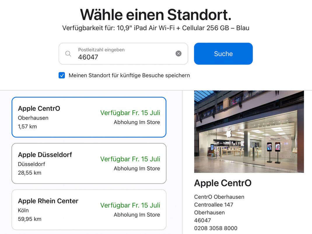 Screenshot vom Apple Store mit langer Lieferzeit fürs iPad Air