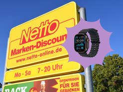 Netto-Logo vor einem Blauen Himmel. Stör-Element mit der Apple Watch Ultra 2