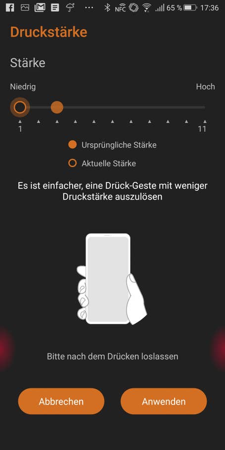 Die Druck-Einstellungen der AirTriggers des Asus ROG Phone, hochkant