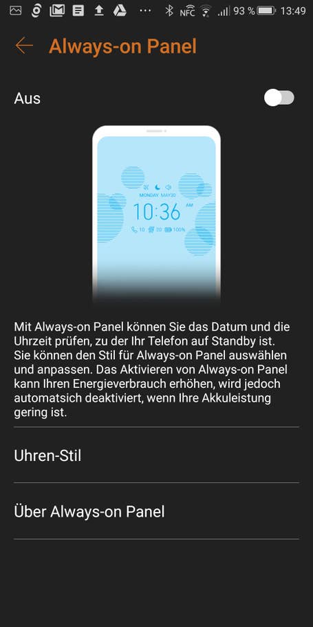 Die Display-Einstellungen des Asus ROG Phone: Das Always-On-Display