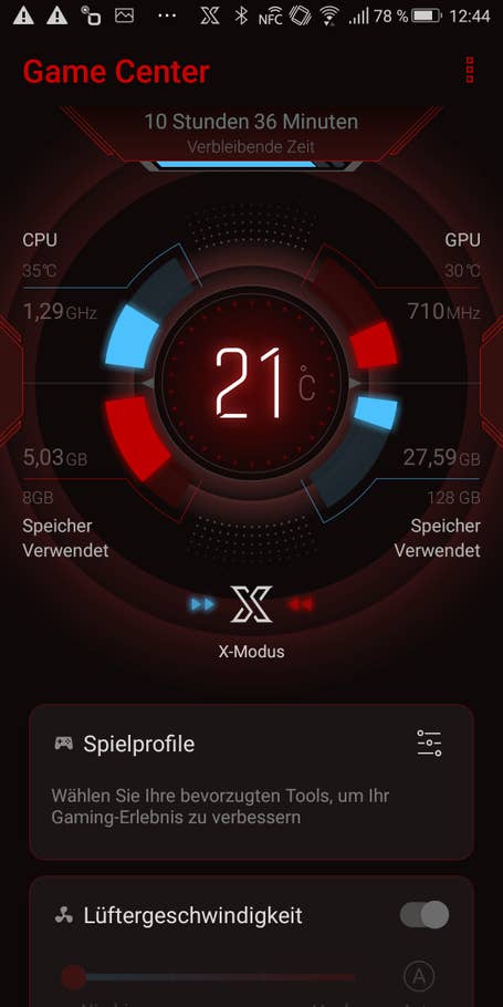 Das Game-Center des Asus ROG Phone mit aktiviertem X-Modus