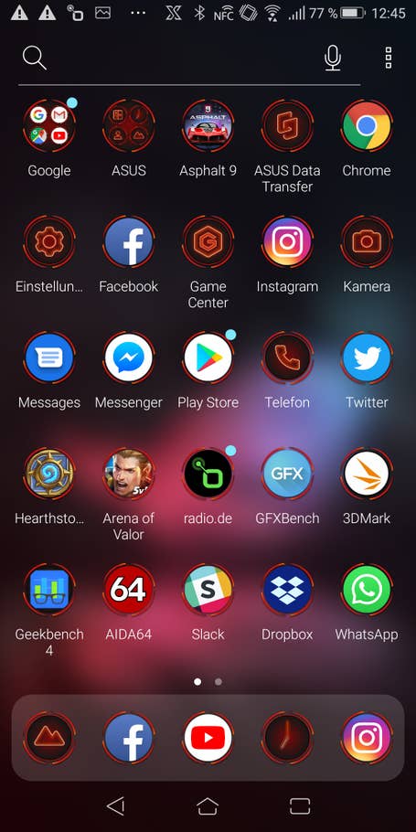 Die App-Auswahl des Asus ROG Phone mit aktiviertem X-Modus