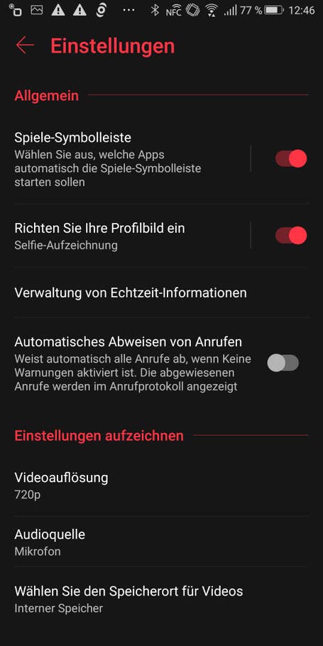 Die Einstellungen des Game Genie beim Asus ROG Phone