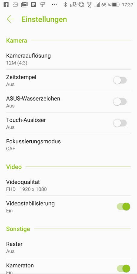Die Einstellungen der Kamera-App des Asus ROG Phone