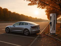 E-Auto lädt einsam an einer Autobahn.