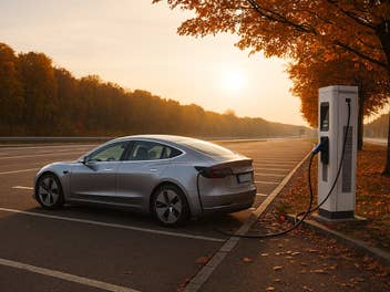 E-Auto lädt einsam an einer Autobahn.