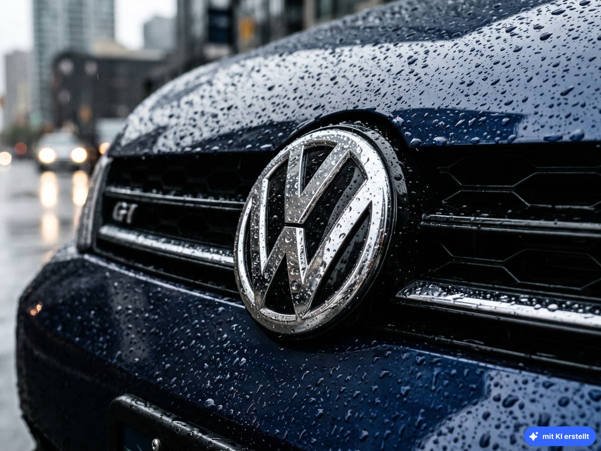 Autokrise: VW zieht die Notbremse – und opfert wohl Kernmarke VW-Logo an der Front eines Autos. KI-generiert