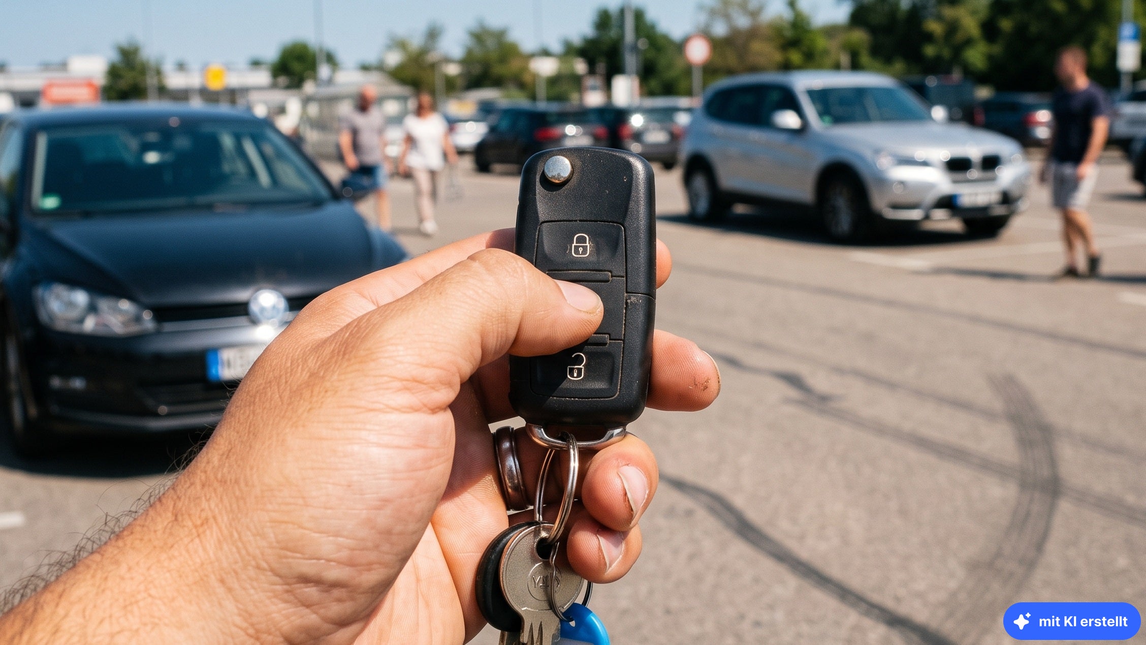 Eine Hand drückt eine Taste auf einem Autoschlüssel