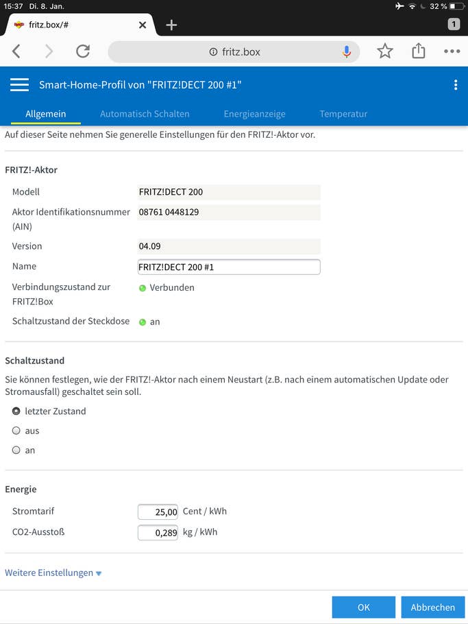 Stromtarif im AVM FritzDECT 200 hinterlegen