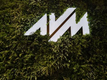 Das Logo von AVM umrahmt von grünem Efeu