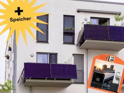 Balkonkraftwerke hängen an Balkonen eines modernen Wohnhauses. Eingeblendet sind Hinweise auf Angebote bei Aldi