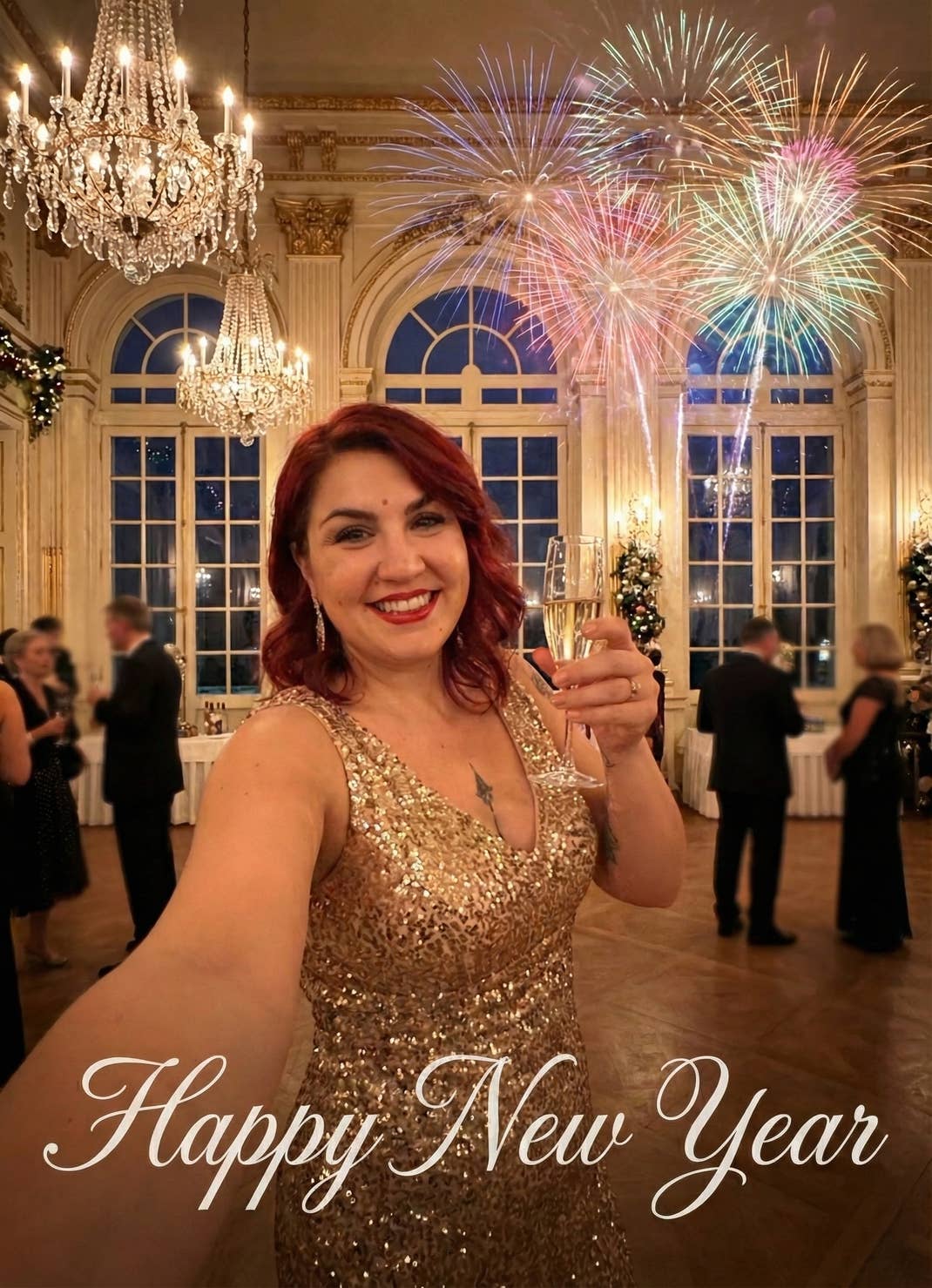 Eine Frau mit Abendkleid in einem Ballsaal