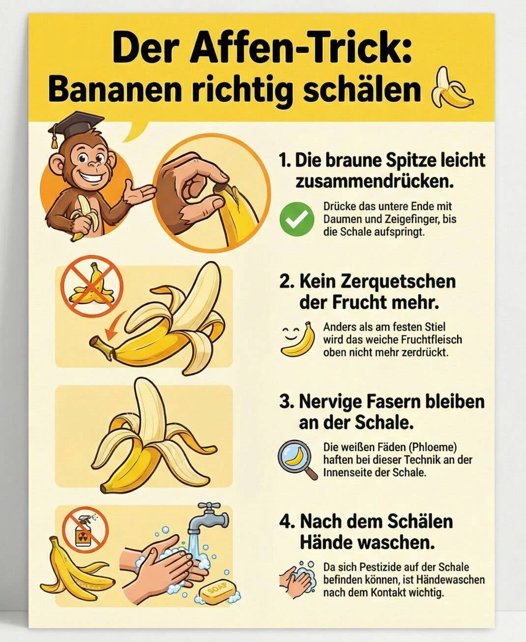 Infografik, die aufzeigt, wie eine Banane richtig geschält wird.