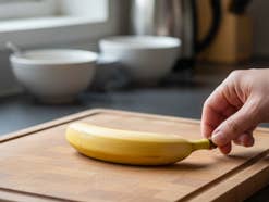 Eine Hand fasst eine Banane am Stiel an, die auf einem Schneidebrett liegt.