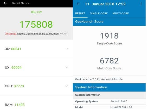 Benchmark-Testergebnisse des Honor View 10