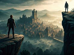 Zwei Männer schauen auf eine Fantasy-Stadt herab