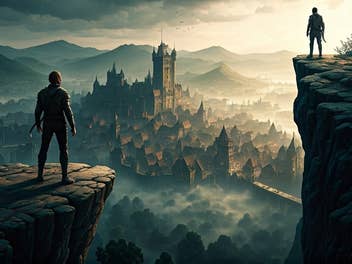 Zwei Männer schauen auf eine Fantasy-Stadt herab