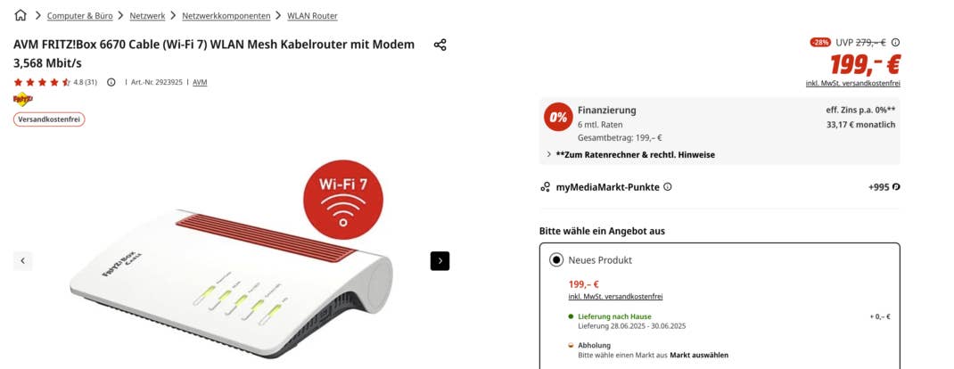 AVM FRITZ!Box 6670 Cable (Wi-Fi 7) bei MediaMarkt im Angebot