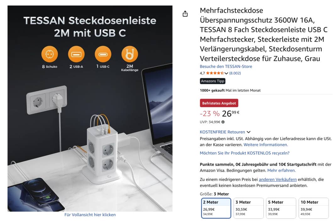 8-Fach Mehrfachsteckleiste Angebot bei Amazon