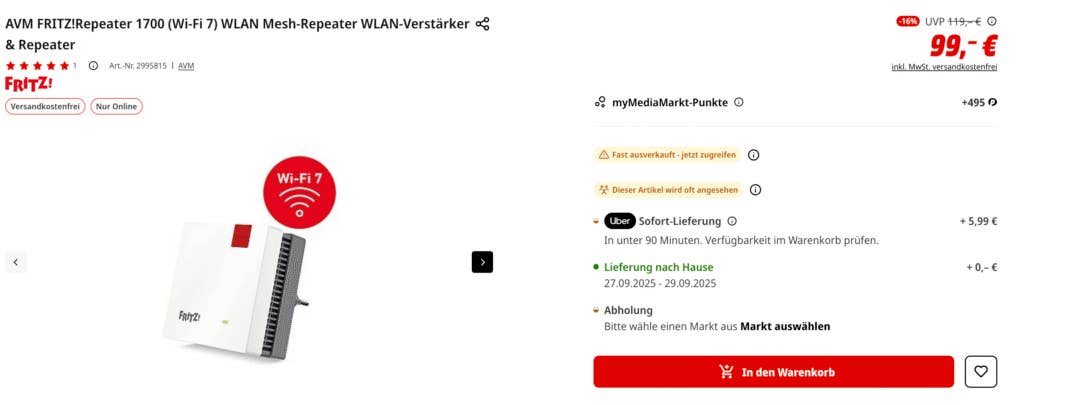 AVM FRITZ!Repeater 1700 für 99 Euro bei MediaMarkt