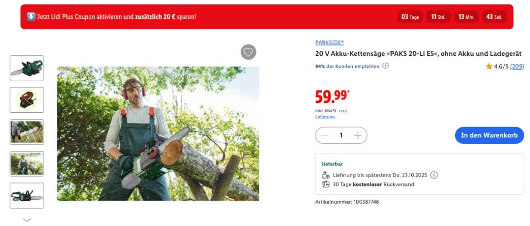 Parkside Akku-Kettensäge mit Lidl Plus Deal Days Rabatt