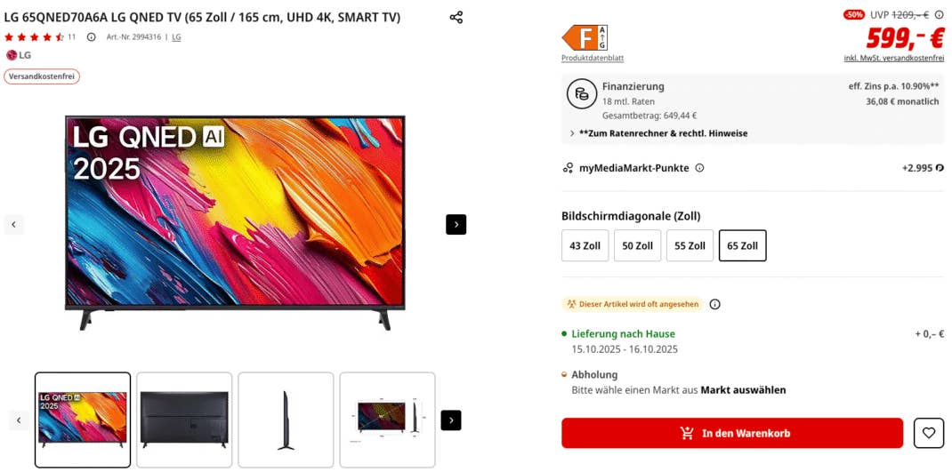 LG 65QNED70A6A LG QNED TV (65 Zoll / 165 cm, UHD 4K, SMART TV)