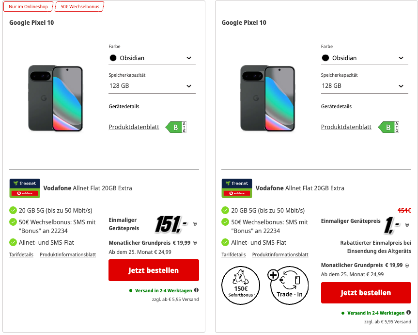Screenshot MediaMarkt Tarife Angebot Pixel 10