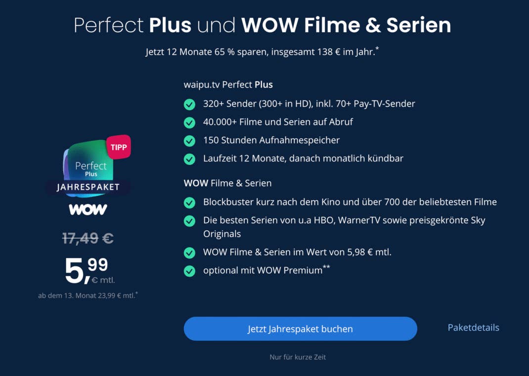 Aktuelles waipu.tv Angebot mit WOW Filme und Serien für 5,99 Euro