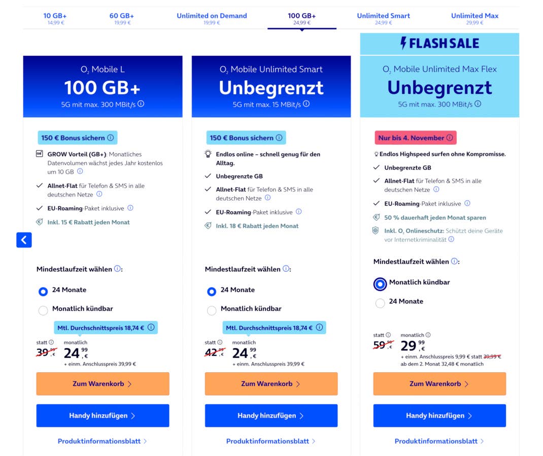 O2 Tarifübersicht mit Flash Sale