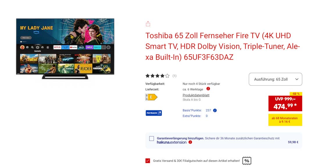 Screenshot eines aktuellen Fernseher-Angebots im Netto Onlineshop.