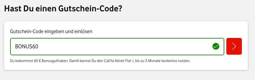 BONUS60 bei Vodafone CallYa eingeben und so einen Tarif drei Monate gratis bekommen