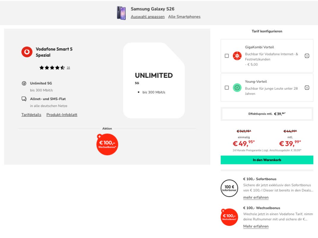 Samsung Galaxy S26 mit unlimited Tarif von Vodafone