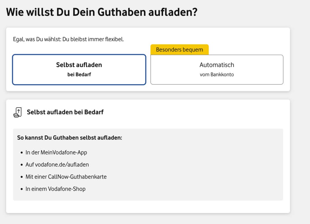 Vodafone CallYa Bezahlmethode auswählen