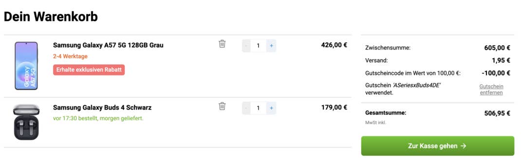 Screenshot Galaxy A57 bei Gomibo mit Kopfhörern im Warenkorb