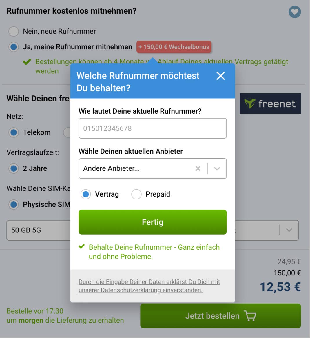 Gomibo Angebot bei der die Rufnummernmitnahme beantragt wird