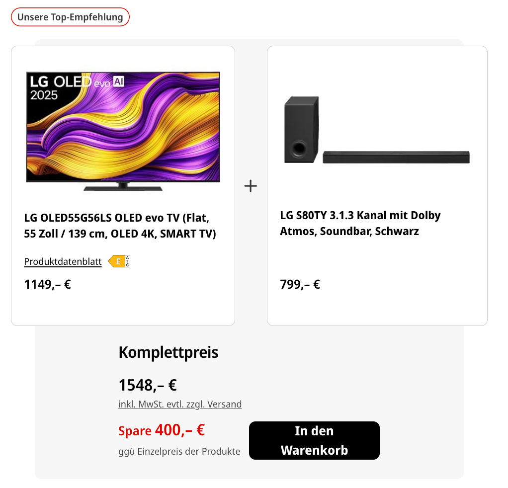 LG-OLED और LG-साउंडबार के लिए MediaMarkt-सेट