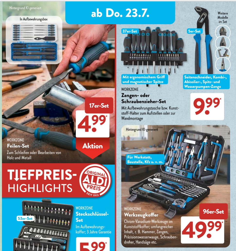 Aldi Prospekt für den 23.7. mit Fokus auf einen Werkzeugkoffer