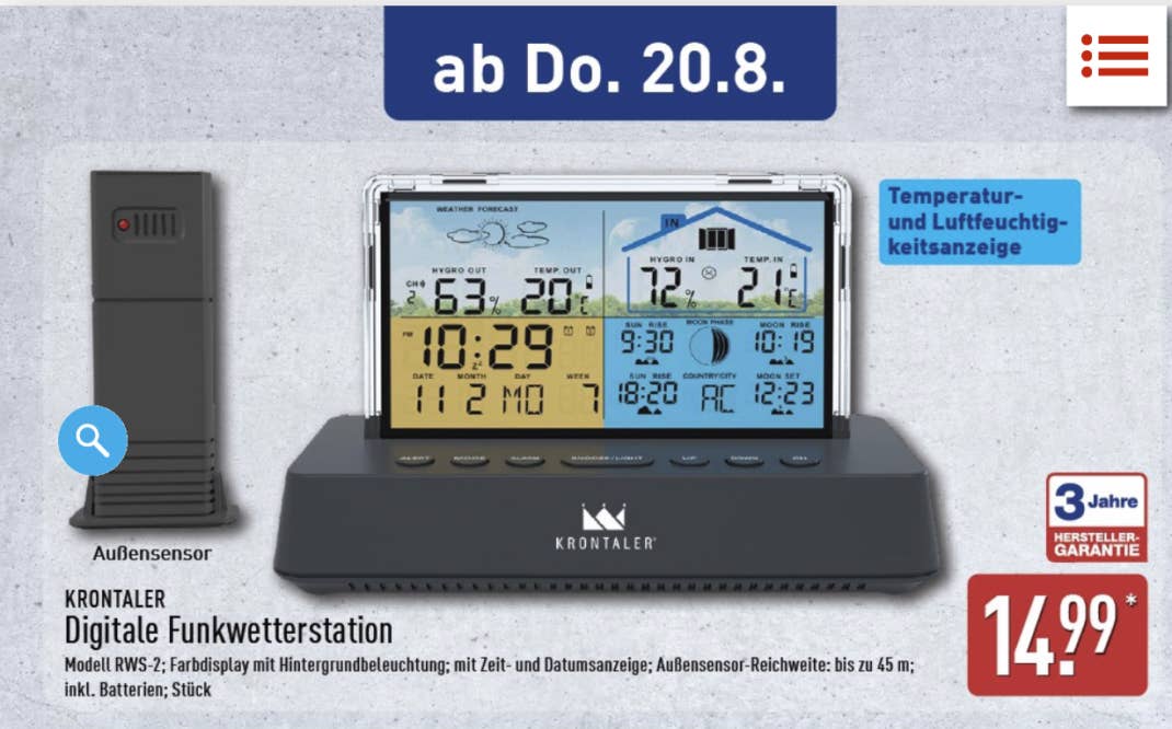 Screenshot des Aldi-Prospekts, zu sehen eine Funkwetterstation für 14,99 Euro