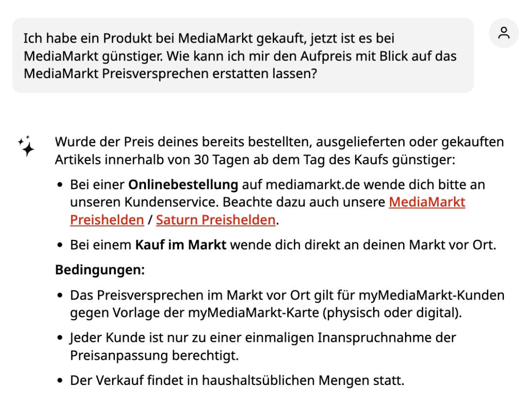 Screenshot eines Chats mit dem MediaMarkt-Bot zum Preisversprechen